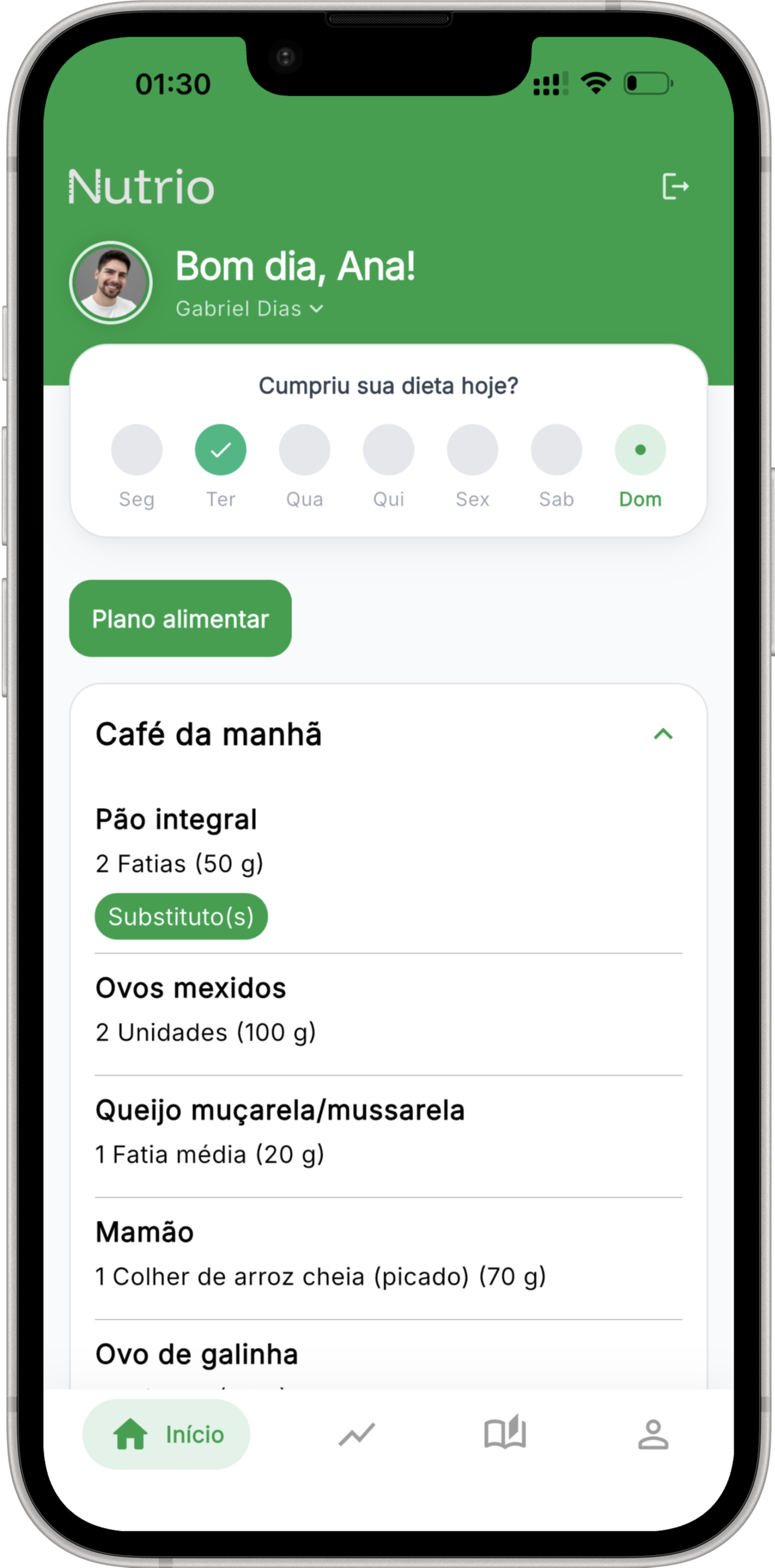 App do paciente Nutrio com o plano alimentar do dia e check-in da dieta