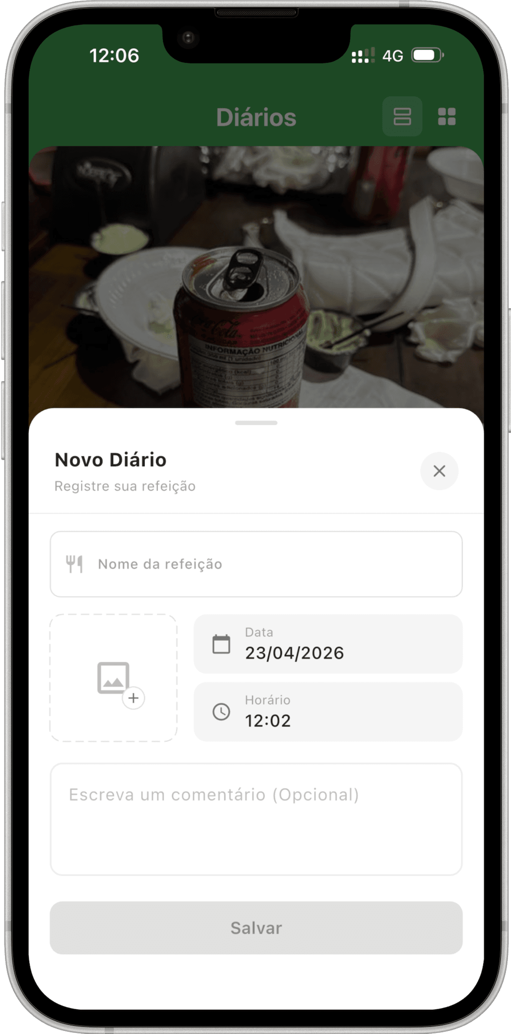 App do paciente Nutrio para registrar o diário da refeição com foto