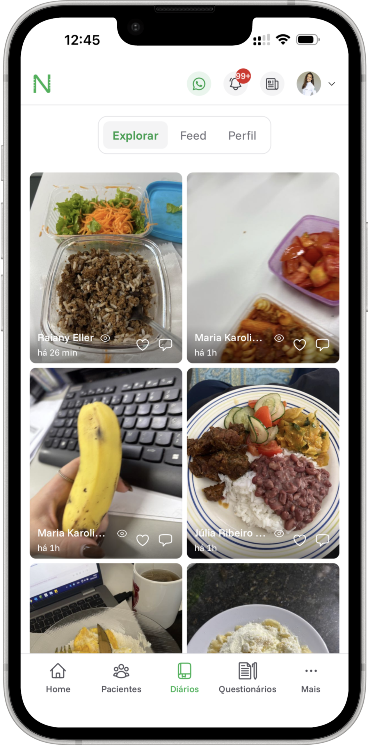 App do profissional Nutrio com o feed de diários alimentares dos pacientes