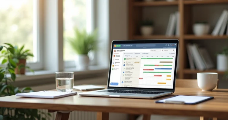 Computador mostrando agenda digital sincronizada com Google Agenda e prontuário eletrônico aberto em ambiente de consultório moderno
