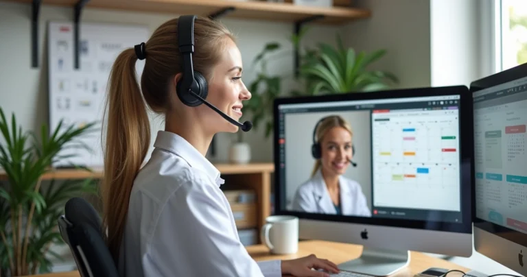 Nutricionista utilizando reconhecimento de voz para anamnese em consulta virtual com paciente no computador