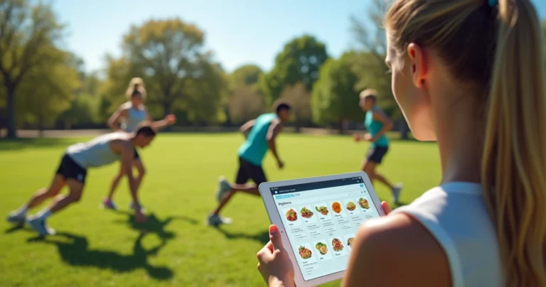 Atletas amadores treinando ao ar livre com coach avaliando plano nutricional em tablet