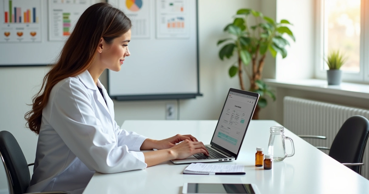 Nutricionista digitando no computador enquanto consulta plano de suplementos manipulados com frascos ao lado