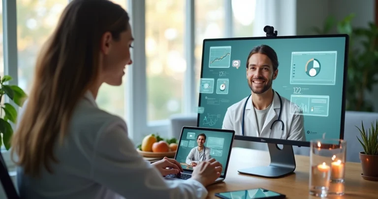 Nutricionista atendendo paciente por vídeo chamada com tela dividida e gráficos nutricionais visíveis