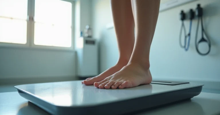 Pessoa realizando exame de bioimpedância com balança profissional em ambiente clínico
