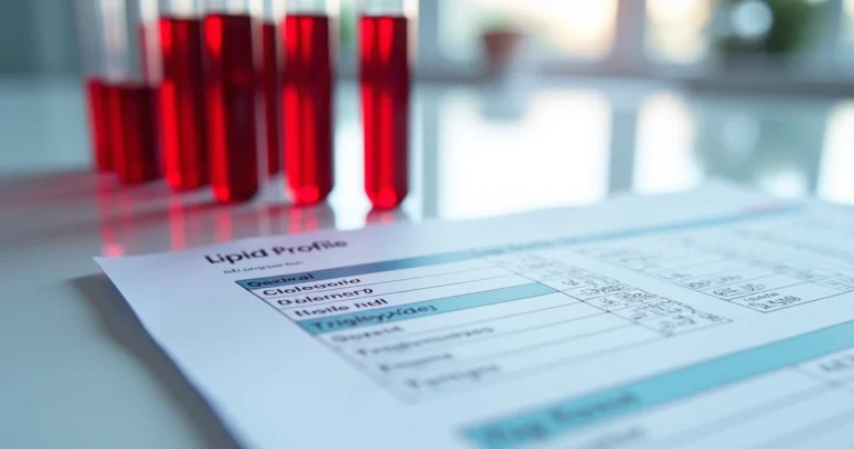 Close-up of blood test tubes and lipid profile lab report with cholesterol and triglycerides values