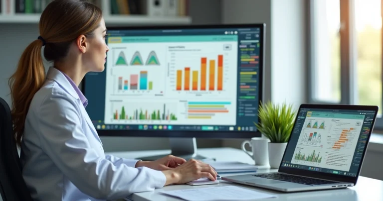 Nutricionista analisando exames laboratoriais com tela digital mostrando gráficos e resultados detalhados