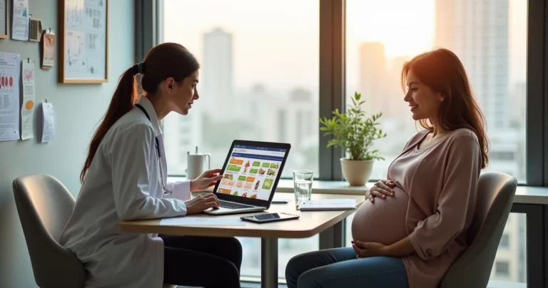 Nutricionista atendendo gestante em consultório com laptop e anotações