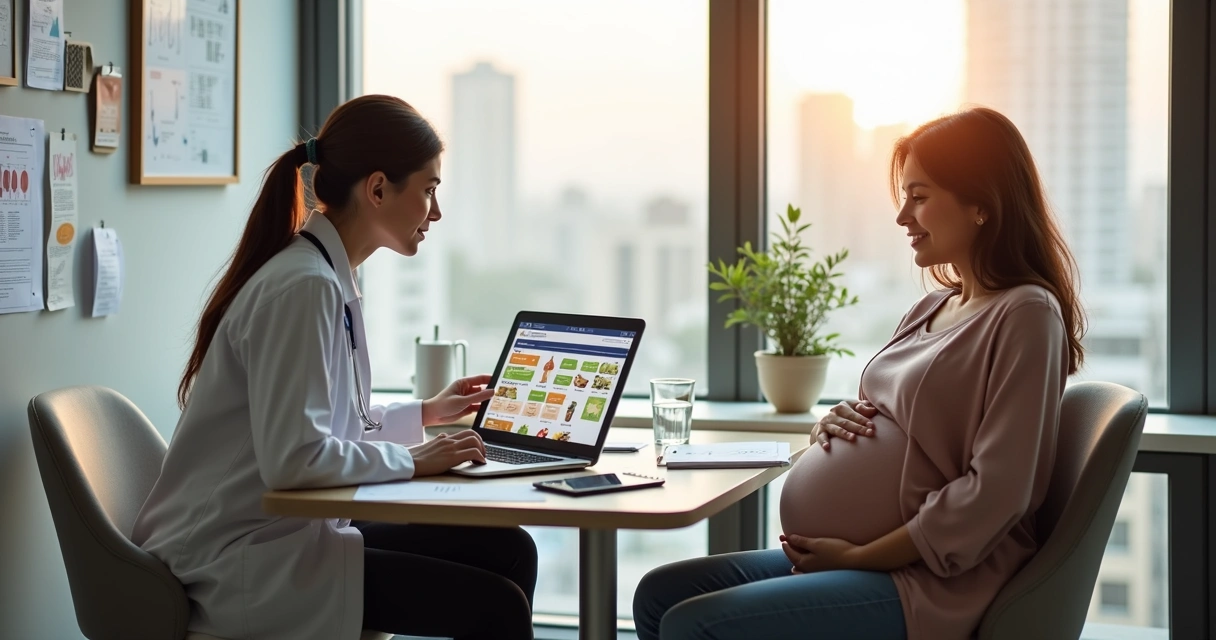 Nutricionista atendendo gestante em consultório com laptop e anotações