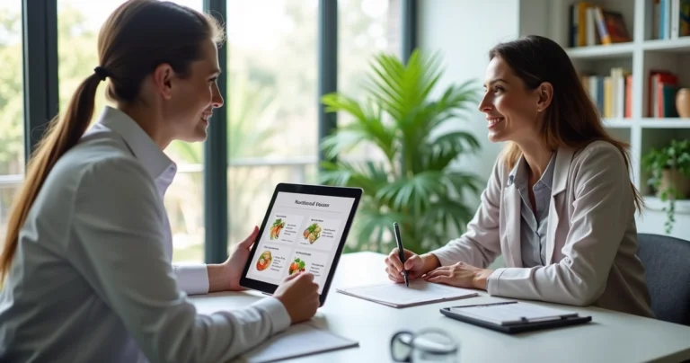 Nutricionista conversando com paciente durante consulta em consultório moderno e iluminado