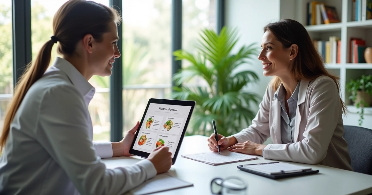 Nutricionista conversando com paciente durante consulta em consultório moderno e iluminado