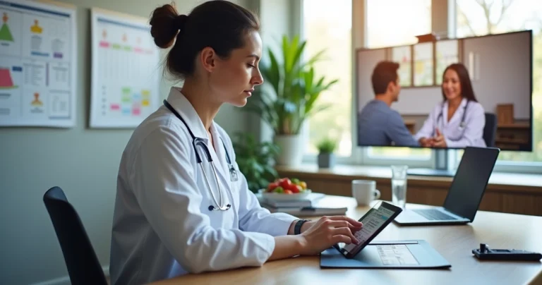 Profissional de nutrição usando tablet para atendimento integrado com tecnologia em ambiente clínico moderno