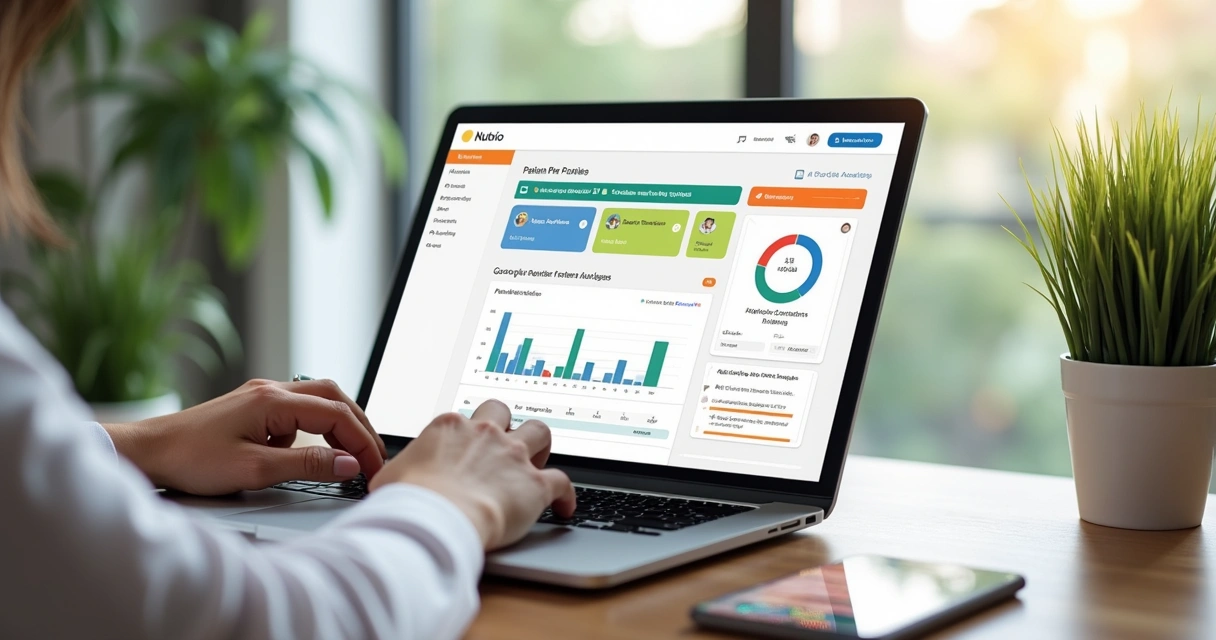 Nutricionista usando plataforma digital em laptop moderno com tela mostrando dashboard de pacientes, agenda e gráficos