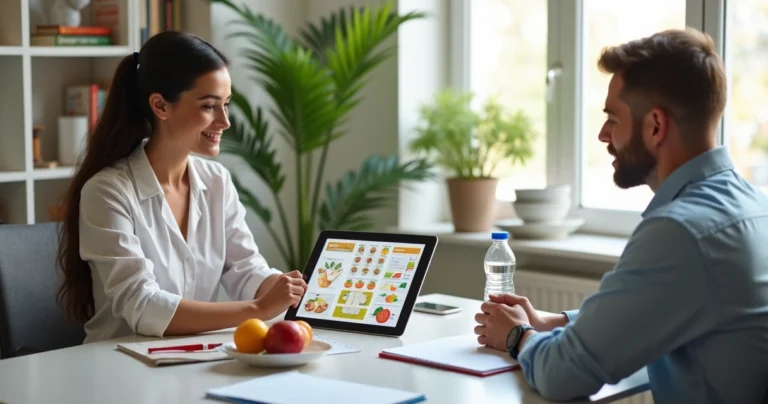 Nutritionist discussing personalized dietary plan with patient at consultation table