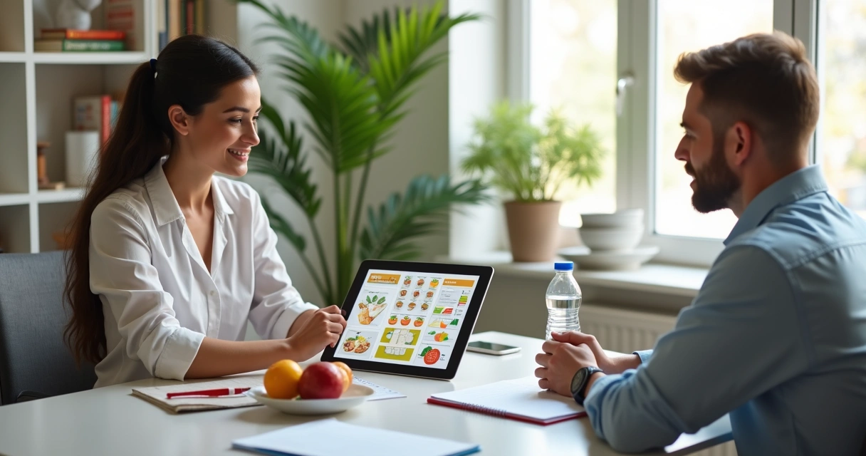Nutritionist discussing personalized dietary plan with patient at consultation table