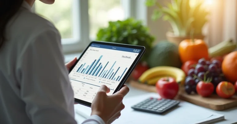Nutritionist using tablet to calculate BMI with charts and healthy food on desk