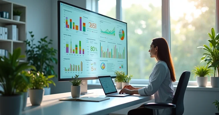 Consultório moderno com nutricionista analisando gráficos de dados digitais em tela grande