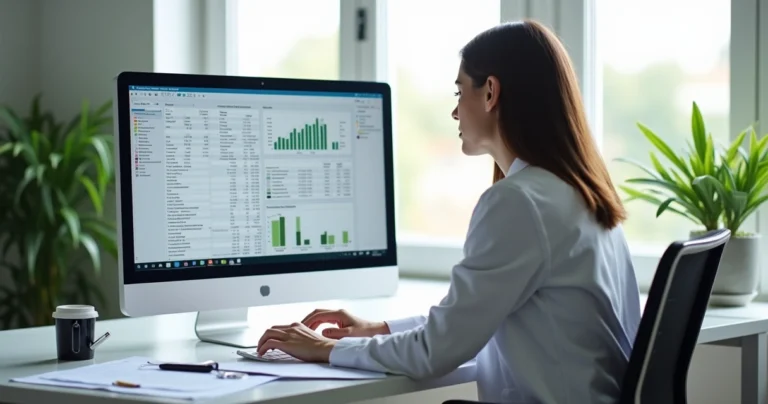 Nutricionista analisando prontuário digital em tela de computador com gráficos e anotações detalhadas