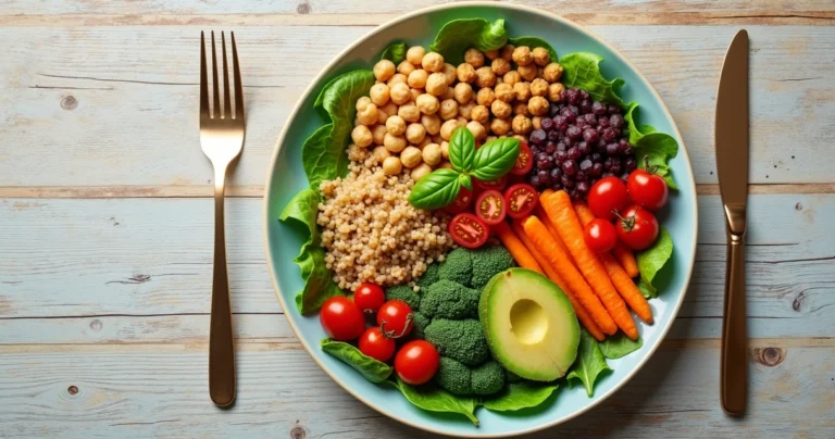 Prato colorido com cardápio vegetariano variado incluindo legumes, grãos e folhas frescas