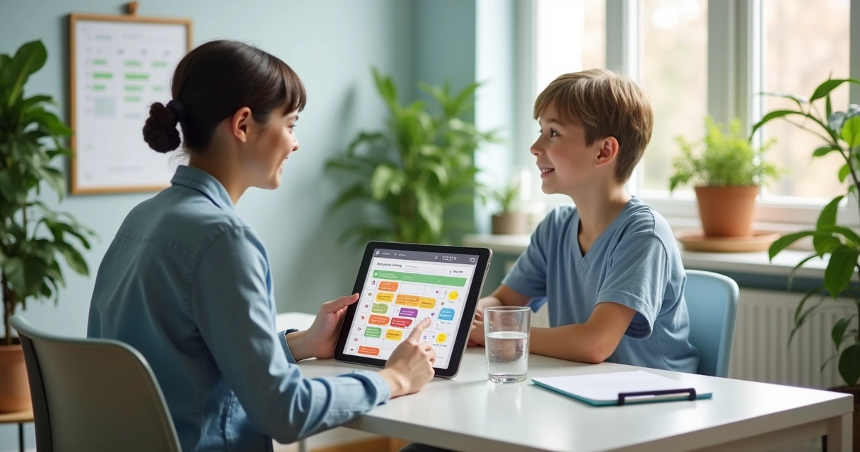 Nutricionista conduzindo consulta nutricional com adolescente em ambiente moderno e iluminado