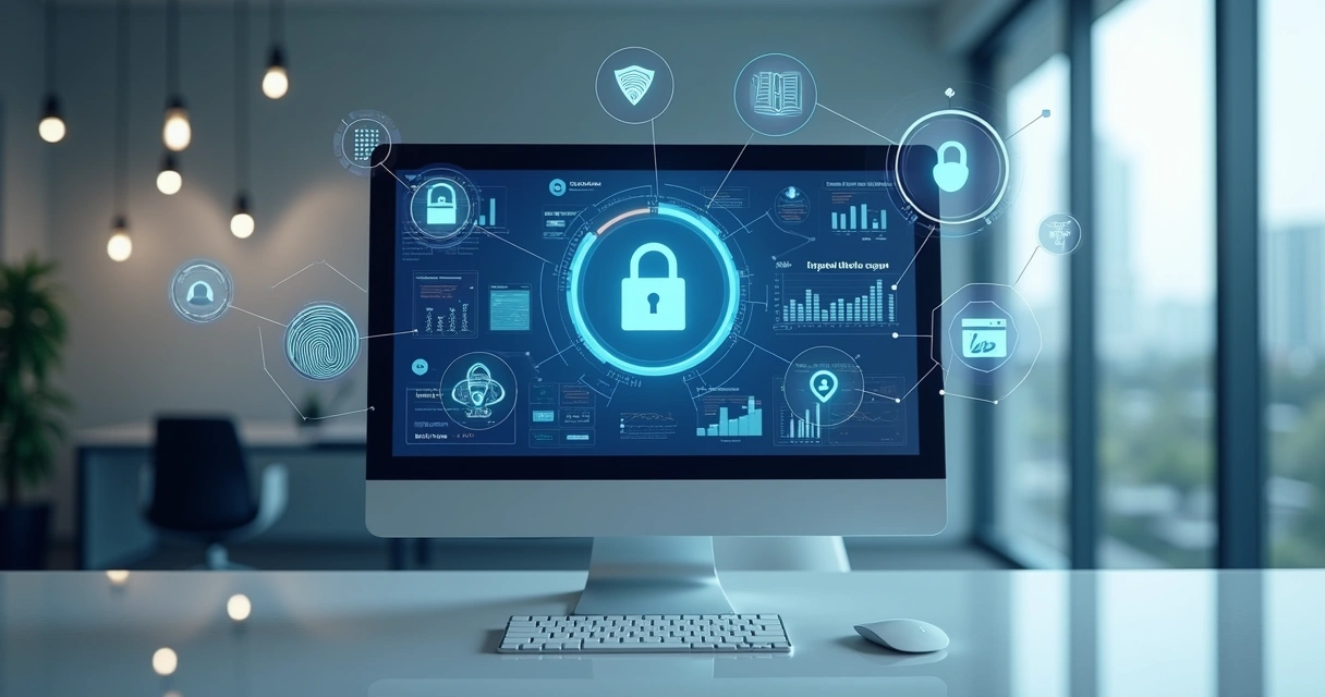 Computador exibindo sistema digital de prontuário com gráficos e ícones de segurança ao redor