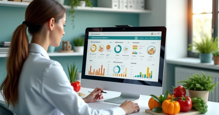 Nutricionista elaborando plano alimentar personalizado com gráficos e exames em tela digital