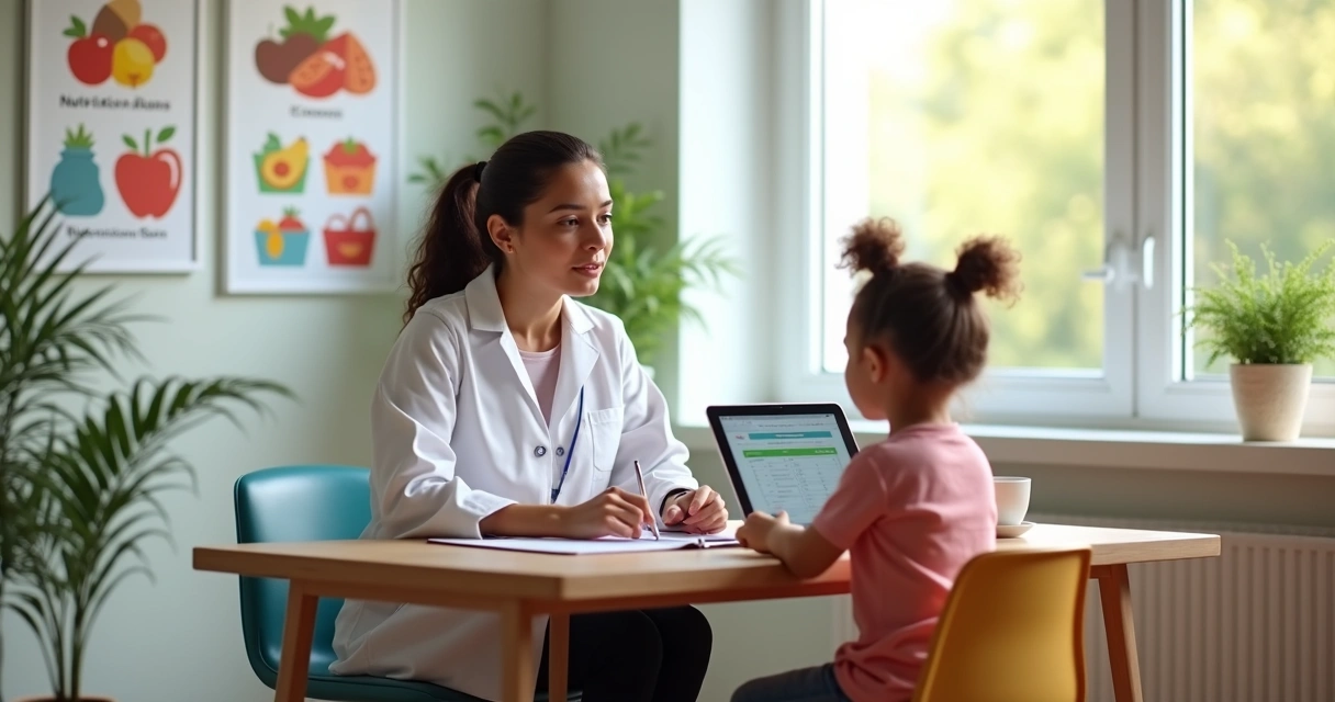 Nutricionista realizando anamnese nutricional com criança em consultório moderno e iluminado