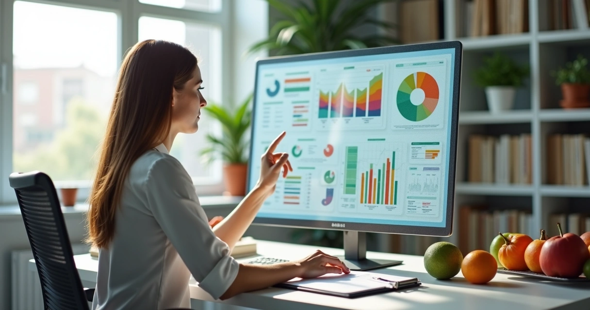 Nutricionista analisando dados e gráficos em tela digital no consultório