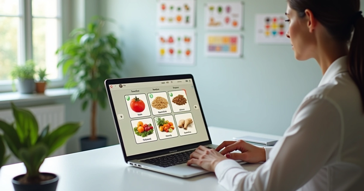 Nutricionista usando plataforma digital para criar grupo personalizado de alimentos em ambiente de consultório moderno