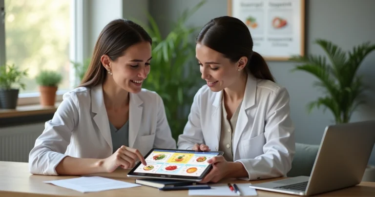 Nutricionista elaborando plano alimentar personalizado junto a paciente em ambiente clínico moderno