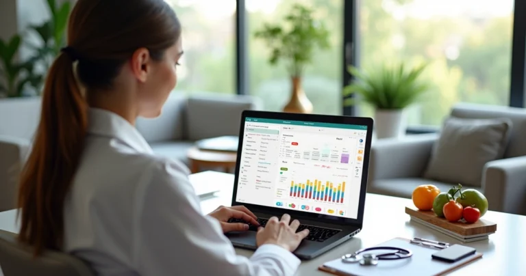Nutricionista usando plataforma com planos alimentares digitais no consultório moderno