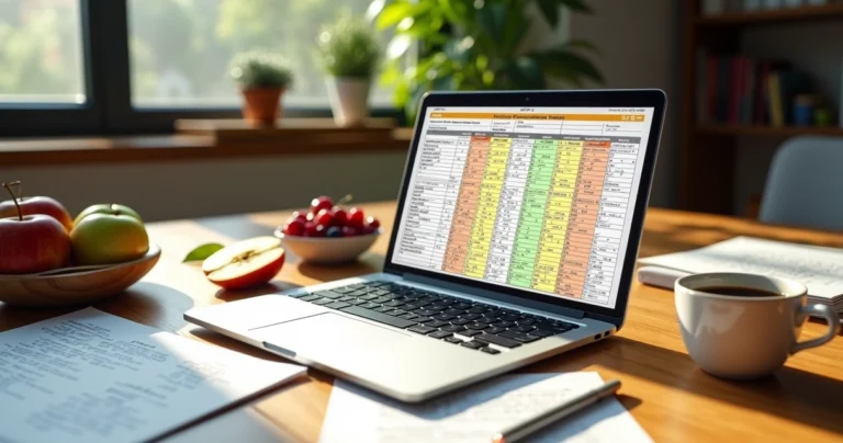 Mesa com laptop aberto mostrando tabela digital de composição de alimentos e anotações ao redor