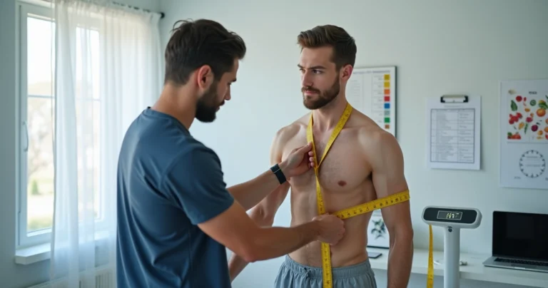 Profissional de saúde realizando avaliação antropométrica de adulto com fita métrica e balança digital em ambiente clínico