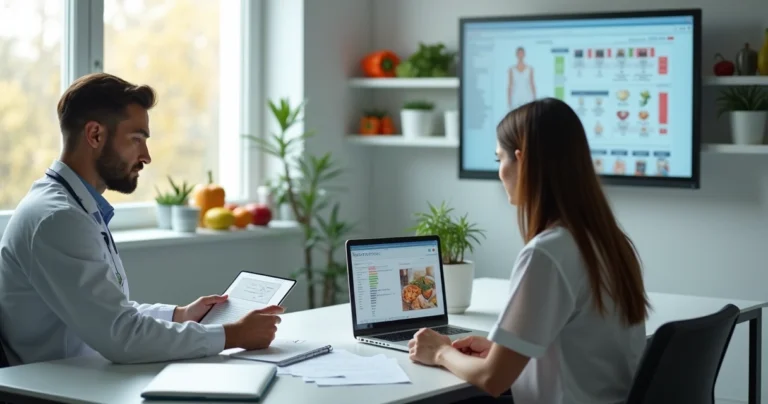 Nutricionista analisando exames e prescrições em tablet durante consulta para paciente com doença crônica