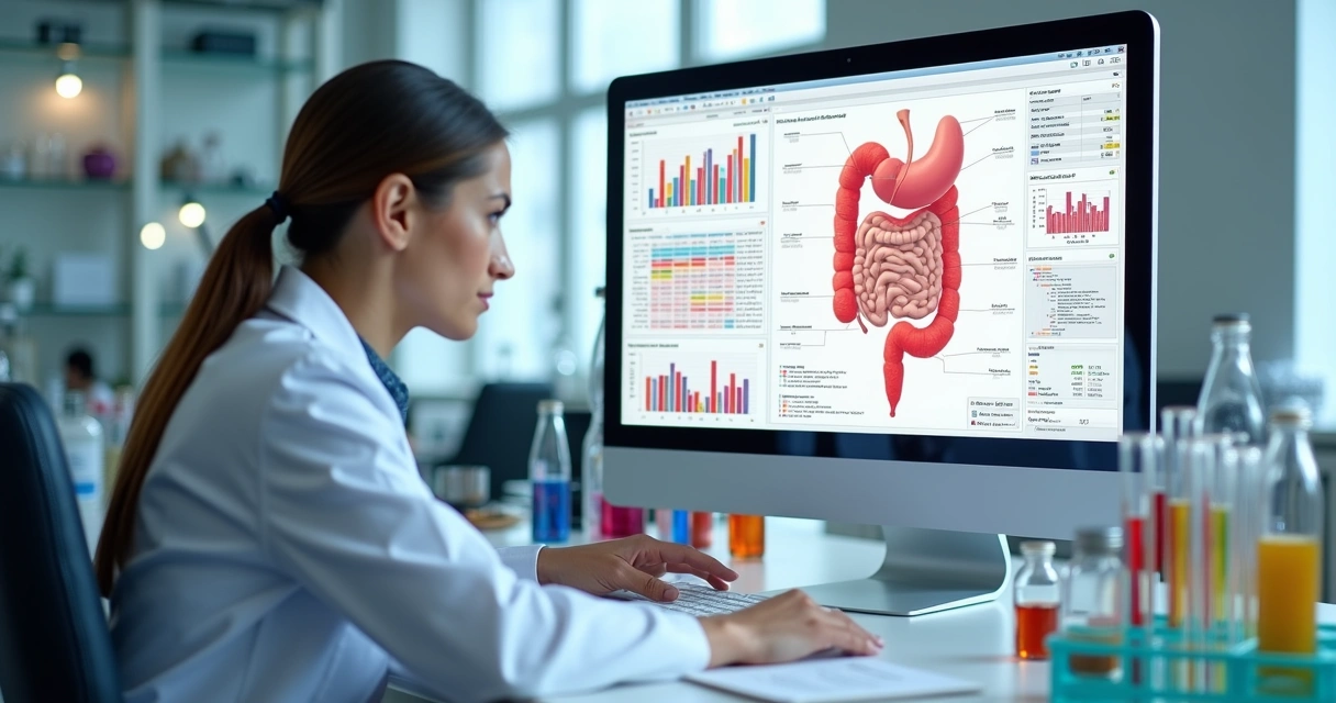 Mesa de laboratório com tubos de ensaio coloridos, computador mostrando gráficos de microbiota intestinal e médico analisando dados