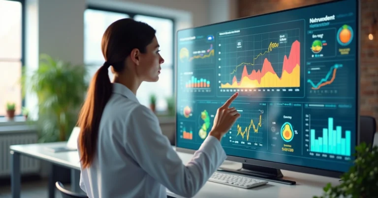Profissional de nutrição analisando gráficos de dados em tela digital com ambiente moderno e tecnologia avançada