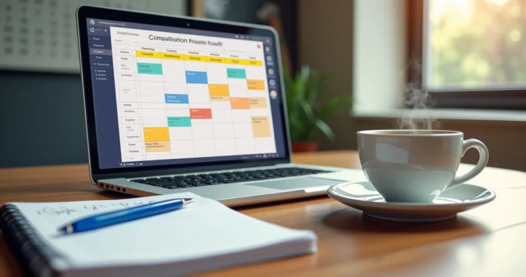 Mesa com laptop aberto mostrando agenda de consultas, caderno, caneta e xícara de café ao lado