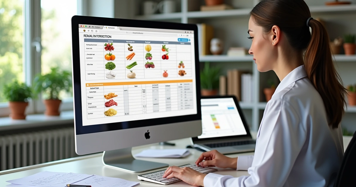 Nutricionista revisando plano alimentar personalizado em computador com anotações e gráficos