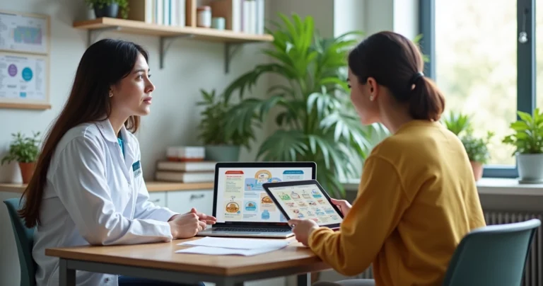 Nutricionista consultando paciente em ambiente moderno com computador e anotações