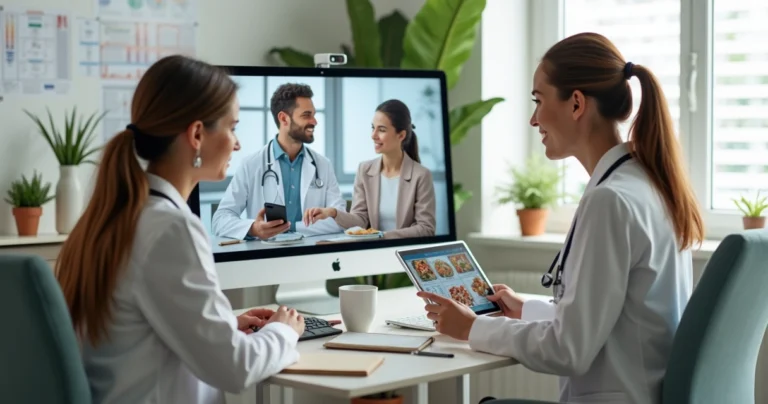 Nutricionista atendendo simultaneamente paciente presencial e em videochamada