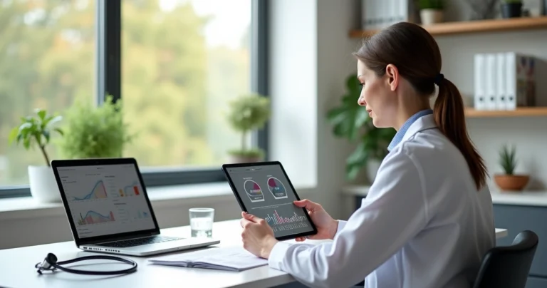 Nutricionista analisando dados da taxa metabólica basal em tablet durante consulta