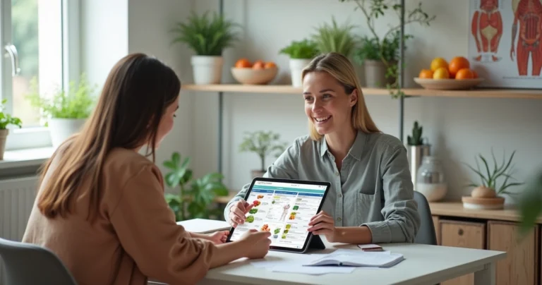 Nutricionista analisando plano alimentar com paciente em consultório moderno e iluminado