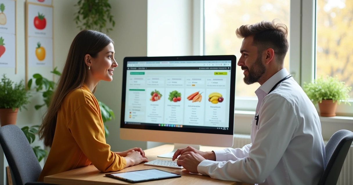 Nutricionista atendendo paciente no consultório com plano alimentar personalizado na tela do computador