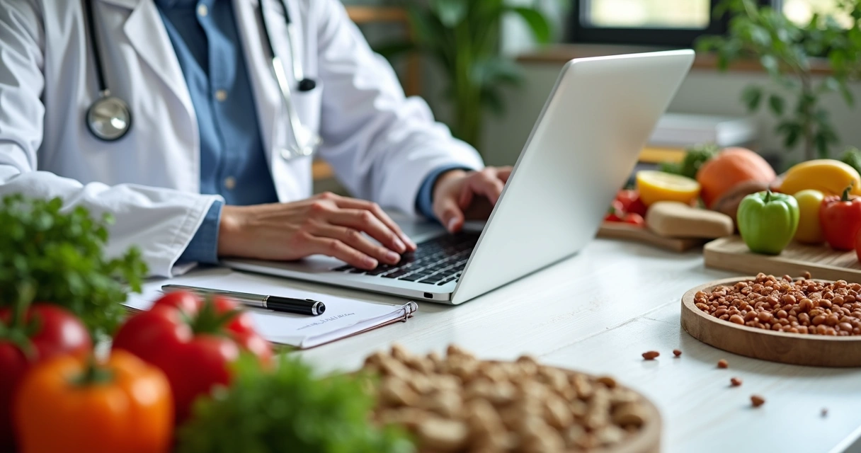 Nutricionista preparando plano alimentar vegano em consultório moderno com alimentos naturais e laptop