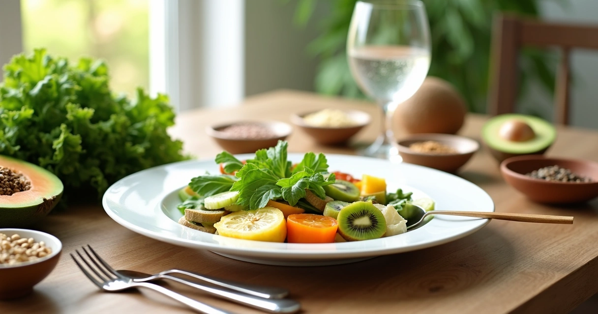 Mesa com alimentos saudáveis para distúrbios intestinais, como frutas, vegetais e sementes organizados ao redor de um prato vazio com colheres e um copo de água