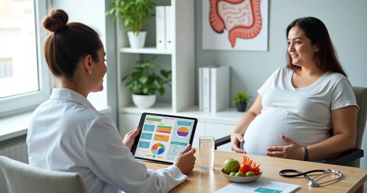 Nutricionista atendendo paciente bariátrico em consultório moderno com tablet e plano alimentar