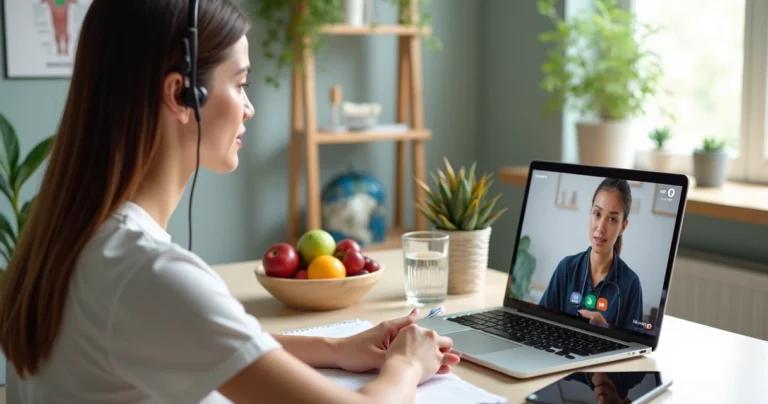 Nutricionista em consulta virtual com paciente no computador