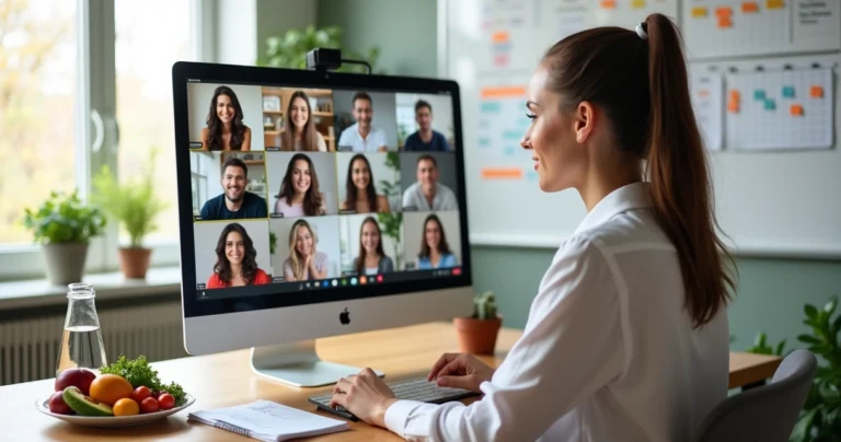 Nutricionista conduzindo atendimento em grupo online com pacientes em videoconferência