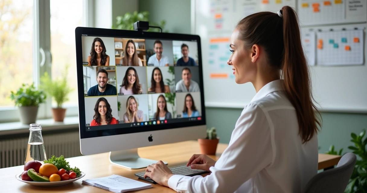 Nutricionista conduzindo atendimento em grupo online com pacientes em videoconferência