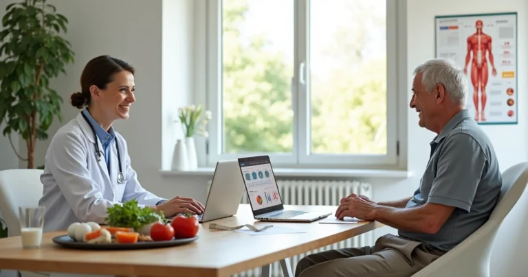 Idoso ativo em consulta com nutricionista avaliando risco de sarcopenia